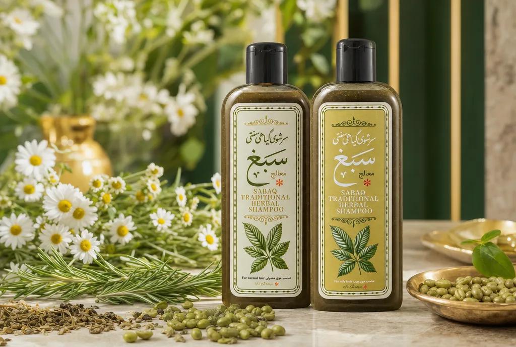 دو بطری سرشوی گیاهی سبغ لوتر در کنار بابونه، رزماری و دانه‌های قهوه سبز با نور طبیعی و روشن