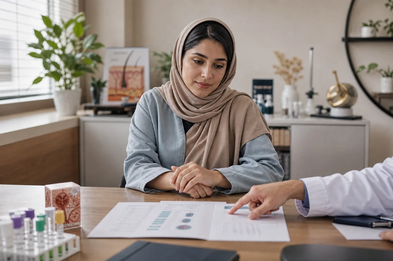 یک زن کاملاً پوشیده در فضای یک مطب یا کلینیک نشسته و کنار او برگه‌های آزمایش خون و دست یک پزشک دیده می‌شود که به نتایج اشاره می‌کند، در حالی که صحنه برای یک کاور آموزشی درباره آزمایش‌های مرتبط با ریزش مو طراحی شده است.