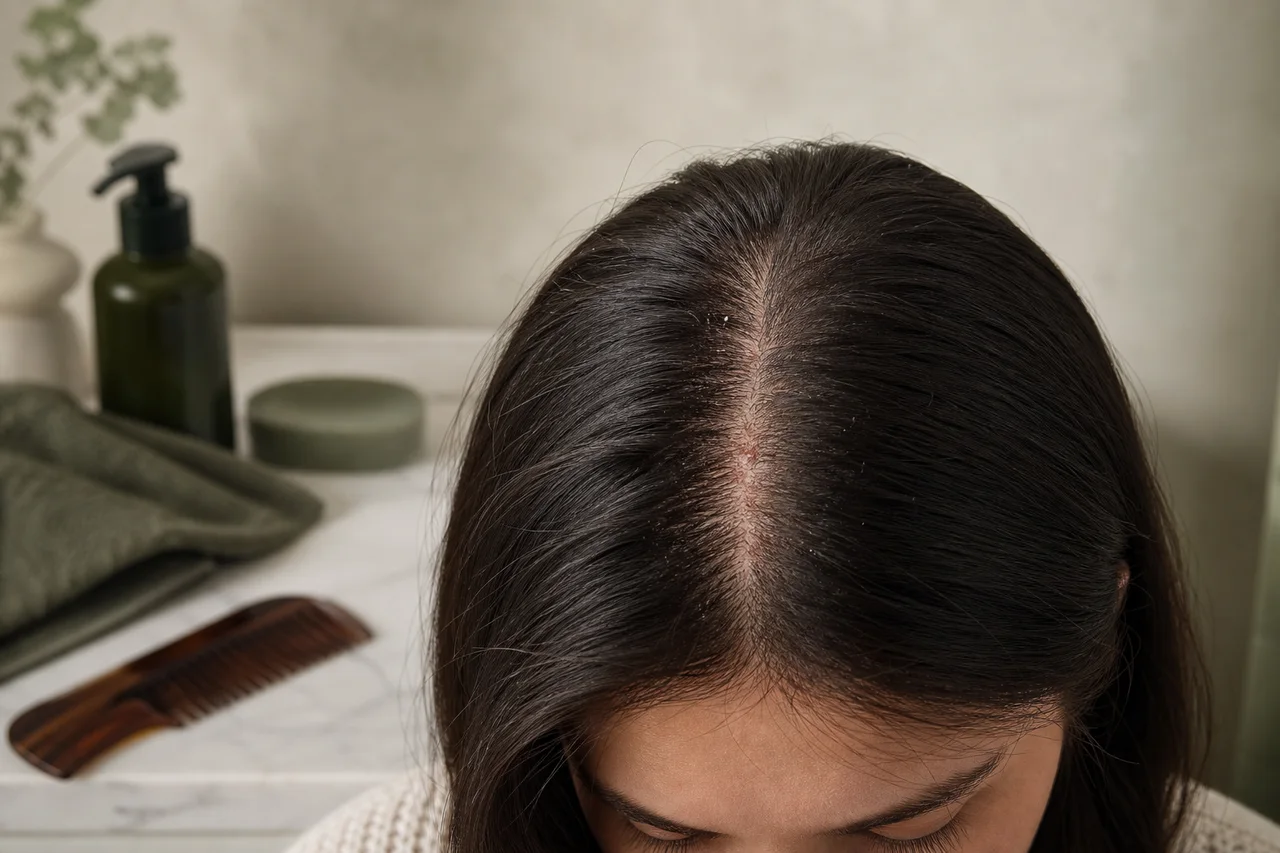 نمای نزدیک و واقعگرایانه از فرقِ موی سر با چند پوستهی سفیدِ ریز و کمی قرمزیِ خفیف روی پوست سر، در فضایی روشن و تمیز شبیه حمام یا میز آرایش.
