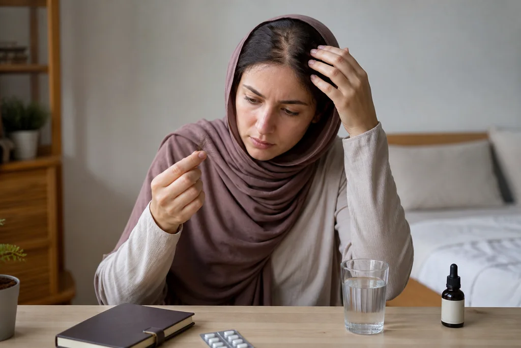 یک زن جوان و پوشیده در فضایی آرام نشسته و با نگرانی ملایم چند تار موی خود را بین انگشتان گرفته و به نازک شدن موها فکر میکند، در کنار او دفترچه و لیوان آب دیده میشود.
