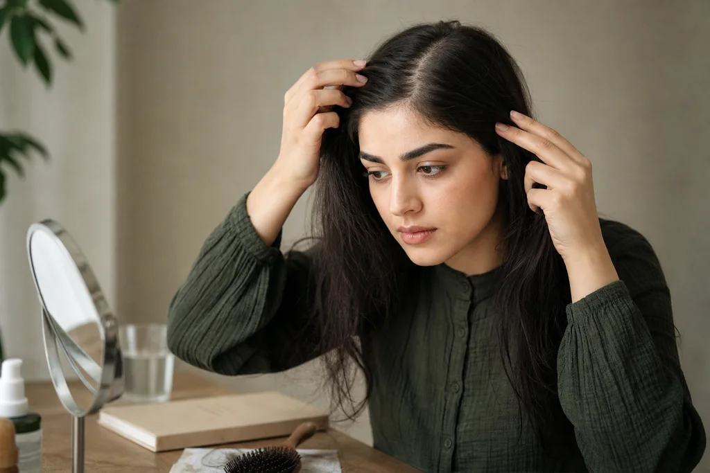 یک زن جوان و پوشیده کنار میز آرایش نشسته و با دقت مقدار کمی از موهایش را بررسی میکند، در حالی که کمی ریزش مو روی برس دیده میشود و فضای تصویر آرام و روشن است.