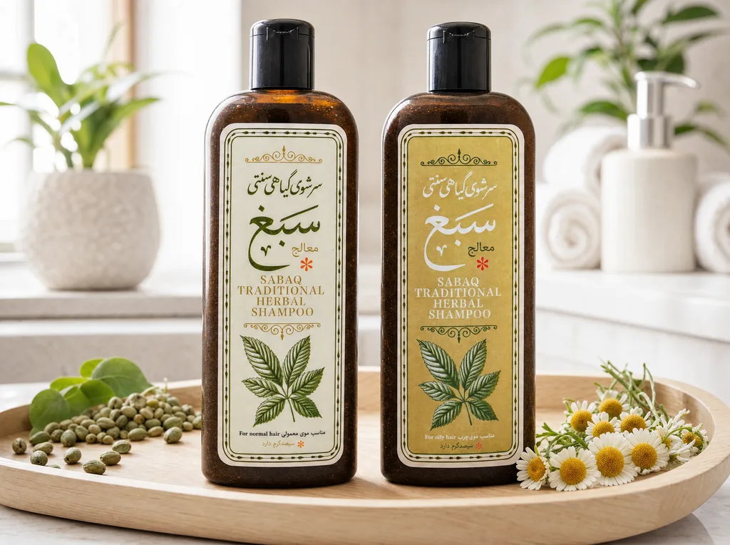 دو نوعِ سرشوی سبغ لوتر (معمولی/خشک و چرب) روی سینیِ چوبی همراه با گیاهان
