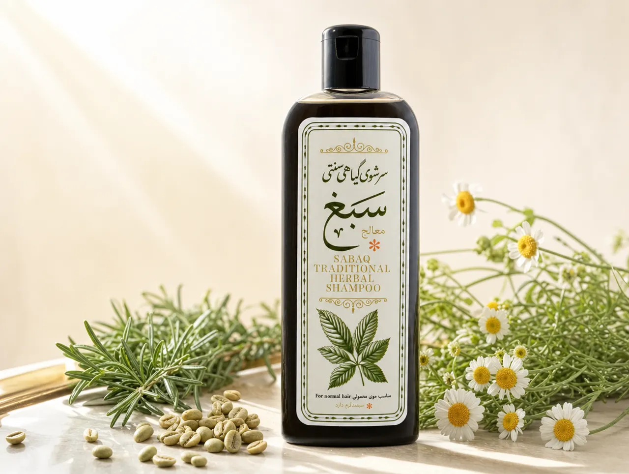 بطری سرشوی گیاهی سبغ لوتر با مایع غلیظ سبز زیتونی در کنار گیاهان دارویی، در مقایسه با یک شامپوی معمولی