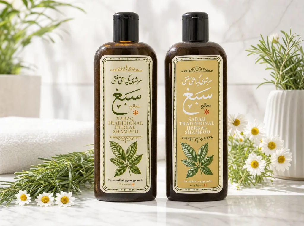 دو واریانتِ سرشوی گیاهی سبغ لوتر (معمولی/خشک و چرب) کنارِ هم روی طاقچه‌ی حمام