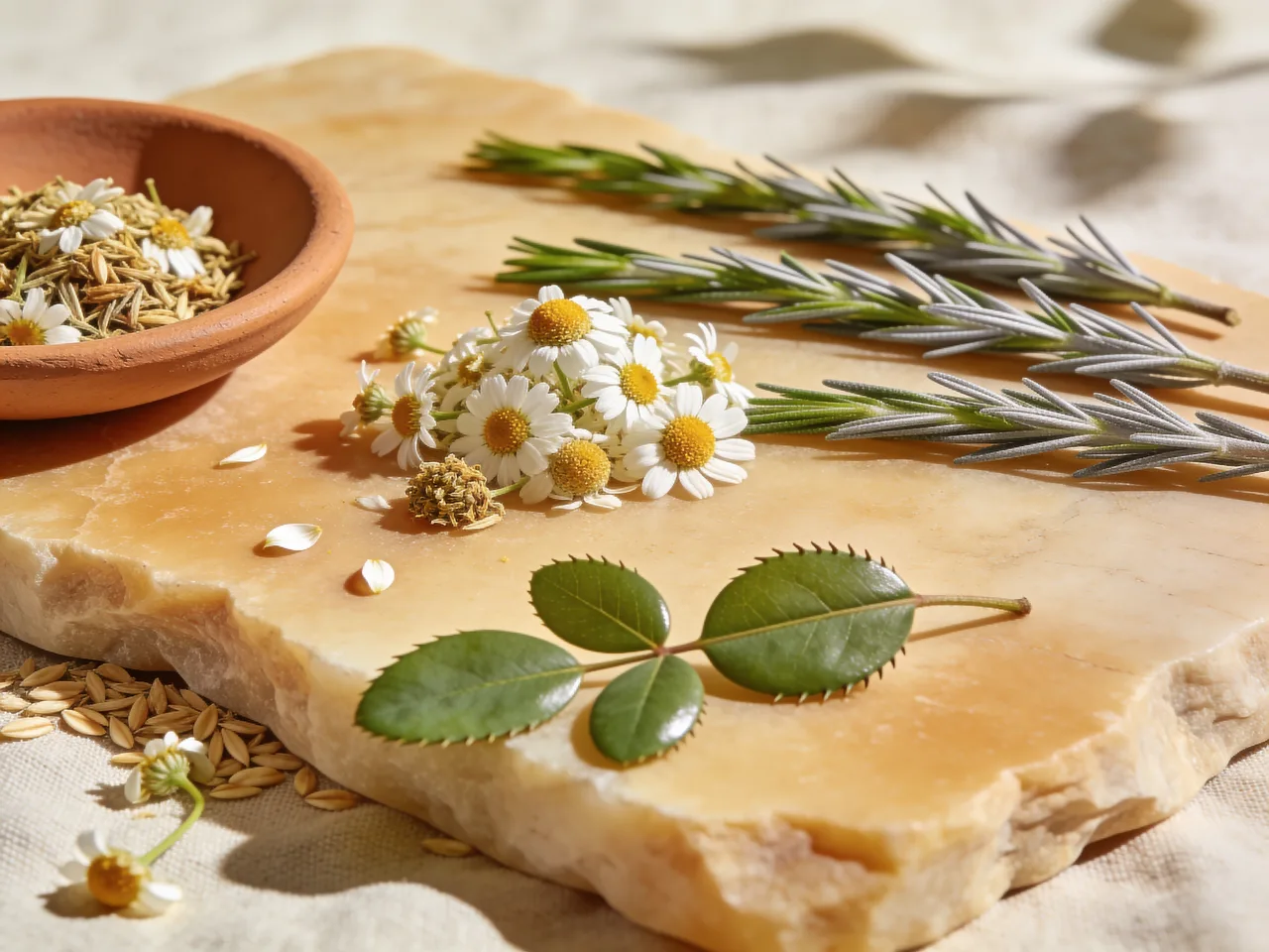 بابونه، رزماری و برگِ سدر روی سنگِ گرم؛ گیاهانِ مؤثر بر شوره و ریزش