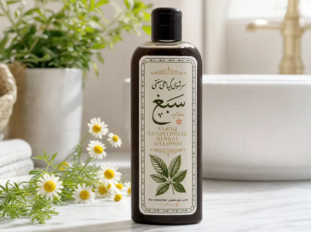 یک بطریِ سرشوی گیاهی سبغ لوتر روی پیشخوانِ حمام کنارِ گل‌های بابونه