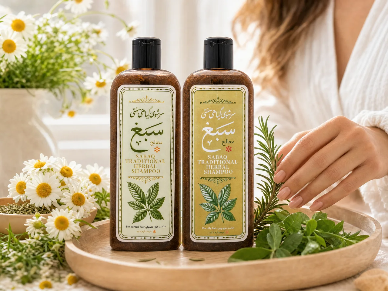دو بطری سرشوی گیاهی سبغ لوتر برای موی چرب و خشک در کنار گیاهان طبیعی