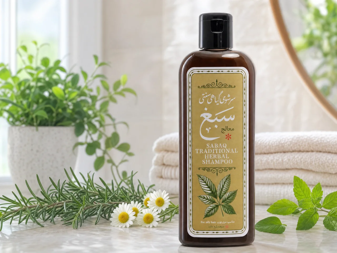 بطری سرشوی گیاهی سبغ لوتر در کنار گیاهان، برای انتخاب نوع مناسب موهای چرب یا خشک