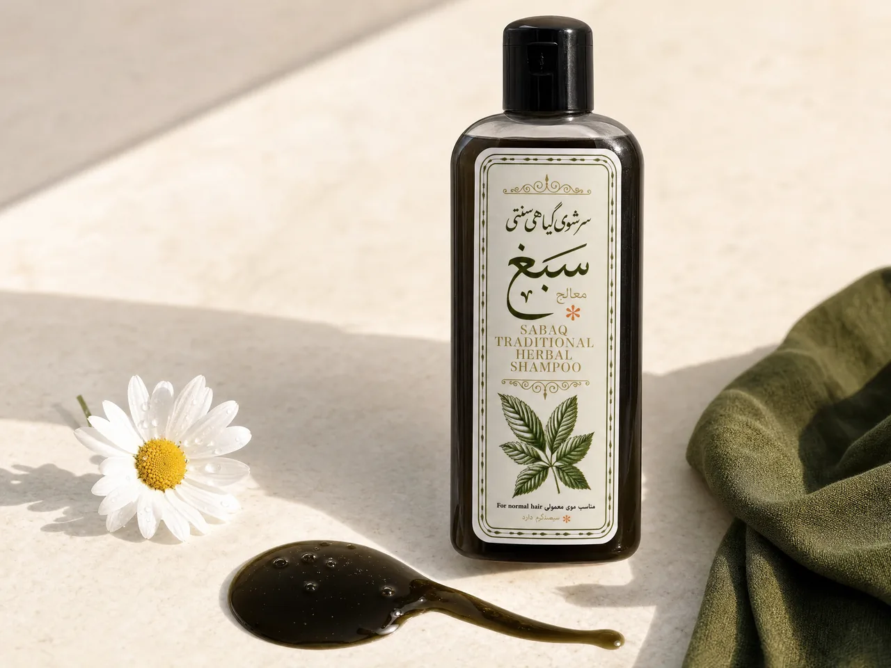 بطری واقعی سرشوی گیاهی سبغ لوتر در کنار قطره‌ای از شامپوی غلیظِ سبزِ زیتونیِ تیره و گل بابونه؛ فرمولِ ملایم با سولفاتِ کم و کنترل‌شده