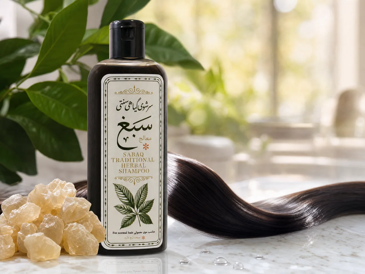 موی خشک سالم و براق و صاف در نور روشن، کنار تکههای صمغ کتیرا و بطری سرشوی گیاهی سبغ لوتر مخصوص موهای معمولی و خشک